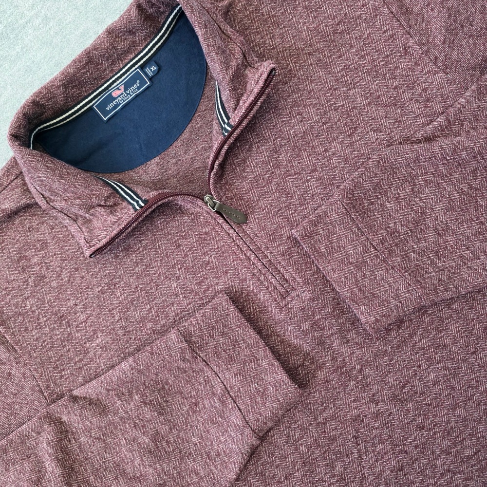 Vineyard Vines Mens XL Burgundy Herringbone Performance 1/4 Zip Pullover Sweater